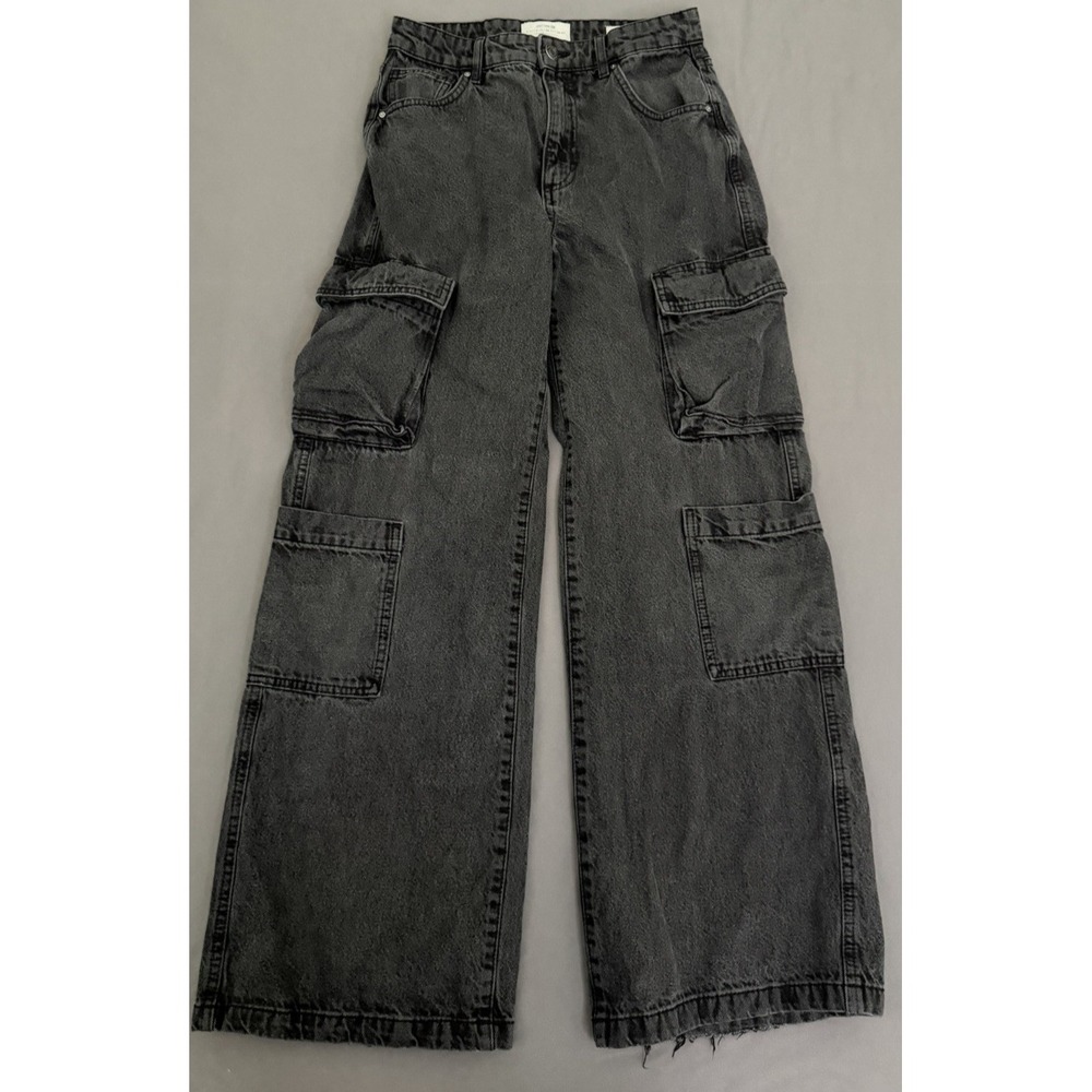 Cotton On Cargo Jeans Womens Size 4 Black Wide Leg Denim High Rise Goth